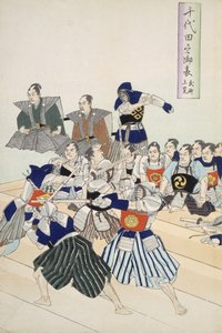 督军看着武士练习他们的剑术，从19世纪的木刻专辑，彩色木块打印中显示教师和学生的细节 作者 日本学校
