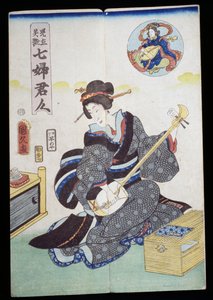 弹奏三味线的妇女 作者 日本学校