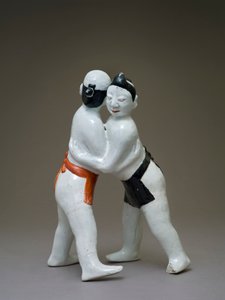 摔跤手，日本人，可能是17世纪（陶器与彩色釉下彩） 作者 日本学校