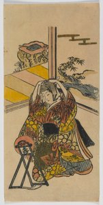 年轻女子跪在镜子旁边，江户时代，1720年代（彩色木版画） 作者 日本学校