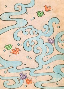 彩色木版画《飞翔在水面上的鸟儿》。 作者 日本学校