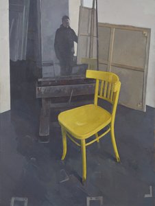 带黄色椅子的工作室内部，2023 年（布面油画）