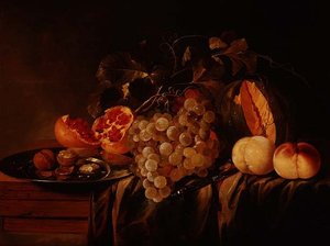 静物画中的甜瓜、葡萄、石榴、白玉盘中的核桃和桃子 作者 贾斯珀·杰拉德
