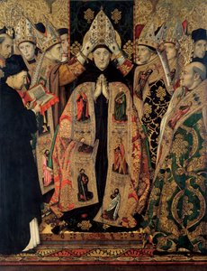 圣奥古斯丁的祭坛画 - 圣奥古斯丁的祝圣 - 绘画者：胡盖特、豪梅（1412-1492 年） - 1462-1465 年 - 画板上的钢笔画 - 250x193 - 巴塞罗那加泰罗尼亚国家艺术博物馆 作者 海梅·休格（Jaume Huguet）