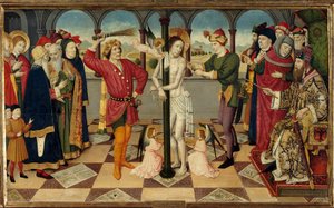 The whipping of Christ before Pontius Pilate. Detrempe on wood by Jaume (= Jaime) Huguet the Elder (1415-1492). Dim. 0,92 x 1,56 m.