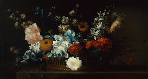 篮子里的牡丹、菊花和其他花卉（布面油画）