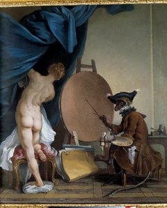 猴子画家。 布面油画，0.89 x 0.62 m。 - 画家猴子。 让·巴蒂斯特·德赛 (Jean Baptiste Deshays) 的绘画（1729 - 1765）