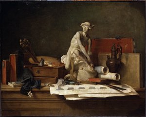 "艺术品静物 "水星头饰雕塑、画家调色板、书籍。让-巴蒂斯特-西蒙-夏尔丹（1699-1779 年）的画作 尺寸：112x140.5 厘米 圣彼得堡冬宫博物馆 作者 让·巴蒂斯特·西蒙·查尔丁