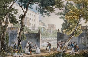 罗马别墅入口处的华丽场景，约 1820 年，由让·巴蒂斯特·托马斯 (Jean-Baptiste Thomas) 雕刻 (1791.1833) 作者 让-巴蒂斯特·托马斯