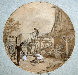 木匠作坊，描绘不同行业的服务的版式设计，约1820-35（纸上水墨和水粉笔画）