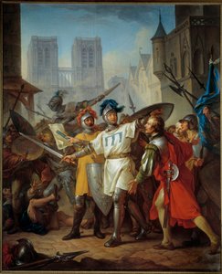 百年战争：“1436 年 4 月 13 日法国军队进入巴黎”。 法国人追赶英国人。 Jean Simon Berthelemy (1743-1811) 的绘画。 1787 太阳。 2.62x3.83 米凡尔赛宫和特里亚农宫博物馆 - 百年战争：世纪的进入
