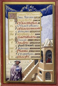 January: House in winter (Aquarius) - facsimile of the Hours of Anne of Brittany, by Jean Bourdichon 作者 吉恩（后）布迪洪