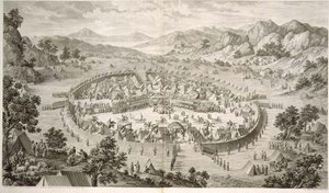 Tchao-Hoei在1758年用演习和军事游戏来占领他的部队，这是由Pierre Philippe Choffard (1730-1809)1772年雕刻的代表中国乾隆皇帝征服的系列版画中的第5版（雕版）。 作者 让（d.1781）（后）大马士革