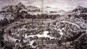 1759年7月，在叶尔钦城墙下的大营中，赵顼接受了该城和该省居民的敬意，这是由皮埃尔-菲利普-乔刻制的表现中国乾隆皇帝征服的系列版画中的第4版。 作者 让（d.1781）（后）大马士革