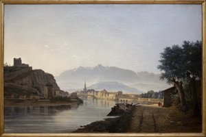 从 Quai de la Graille 拍摄的格勒诺布尔景观，Jean Achard（1807-1884）于 1837 年创作的油画。摄影，KIM Youngtae，格勒诺布尔，格勒诺布尔博物馆。