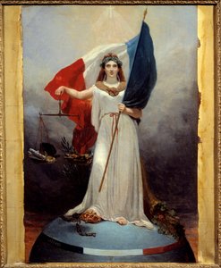 Symbolic figure of the Republic. Allegory representing the republic as a woman wearing a laurel wreath, symbol of peace, holding a balance, symbol of justice and the tricolor flag. Under his foot the crown of the crushed monarchy and the broken chains. Pai