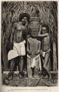希瓦瓦岛（Hiva Oa）的一个居民和他的儿子，围着一个描绘提基神的木雕神像，位于马克萨斯群岛的群岛，根据A.Rixens绘制的《太平洋的记忆》图画刻制，1872-1874年，由