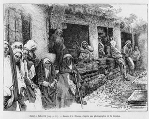 Bazaar a Bahrain, Chad. Engraving by A.Rixens to illustrate the story A Suse, journal des excavilles