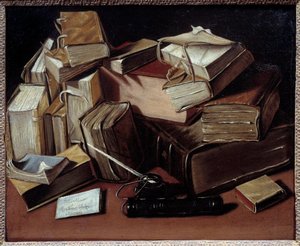 让-安德烈亚斯-比塞特（Jean Andreas Biset，1672-约 1710 年）的《有书的静物画》。布列斯特布尔格，布吕博物馆 - 有书的静物。让-安德烈亚斯-比塞特（1672-约 1710 年）的绘画。法国布尔什布雷博物馆 作者 让·安德烈亚斯·比塞