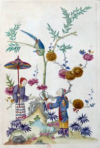 绘画来自一个中国花瓶：花园里的情侣。 让·安托万·弗雷斯 (Jean Antoine Fraisse) 的绘画（18 世纪）