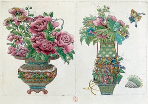 画自中国花瓶：花盆。 让·安托万·弗雷斯 (Jean Antoine Fraisse) 的绘画（18 世纪）