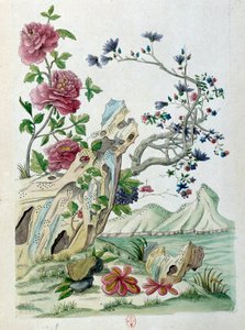 来自中国花瓶的绘画：风景中的花朵。 让·安托万·弗雷斯 (Jean Antoine Fraisse) 的绘画（18 世纪）