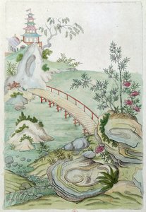 来自中国花瓶的绘画：有桥的风景。 让·安托万·弗雷斯 (Jean Antoine Fraisse) 的绘画（18 世纪）