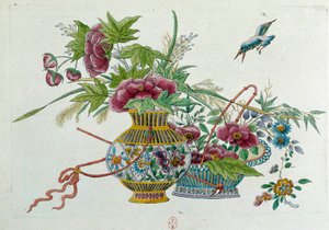 花瓶里的花。 绘画来自一个中国花瓶。 让·安托万·弗雷斯 (Jean Antoine Fraisse) 的绘画（18 世纪）