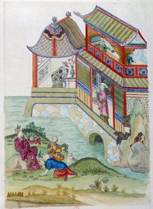 House on the river. Drawing comes from a Chinese vase. Painting by Jean Antoine Fraisse (18th century)