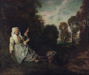 有纺纱工的晚景，约 1715 年（绘画）