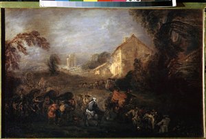 战争的负担让-安托万-华托（1684-1721 年）的画作。铜板油画，21.5 x 33.5 厘米，约 1713 年。法国艺术，洛可可艺术。圣彼得堡冬宫博物馆。 作者 Jean-Antoine Watteau