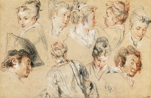 Study of heads, by Jean-Antoine Watteau (1684-1721), drawing