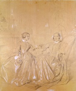 伯爵夫人Charles d&39;Agoult（1805-76）和她的女儿Claire d&39;Agoult，1849年5月（铅笔用白色粉笔在纸上） 作者 让·奥古斯特·多米尼克·英格里斯