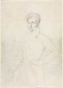 站立在与Turris Comitum的Quirinal的一个年轻人的画象在背景中，1800s。 作者 让·奥古斯特·多米尼克·英格里斯
