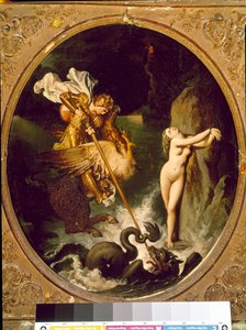 Roger delivrant Angelique Angelique (Angelica) is liberated by Roger (Ruggero, Ruggiero) rides on a hippoclaw - Illustration of the X Song of “” Furious Roland” (Orlando furioso) by Ludovic Ariosto (Arioste) - Painting by Jean Auguste Dominique Ingres (178 作者 让·奥古斯特·多米尼克·英格里斯