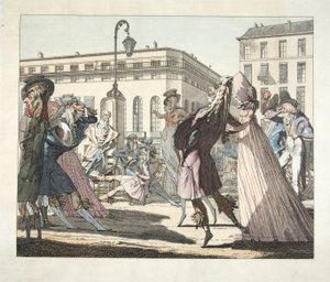 Le Petit Coblentz, Boulevard de Grand sous le Directoire, engraved by Eugene Loizelet, pub. 1978 (hand coloured engraving)