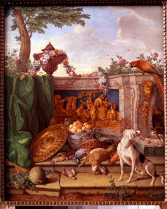 描绘路易十六（1754-1793）打猎的牌匾：表现一只狗守猎的细节。菲利普-卡斯特尔（Philippe Castel）（约1746-1797年）在瓷器上的绘画 让-巴蒂斯特-乌德里（1686-1755年） 1778-1781年 太阳。0,39x0,49米 凡尔赛宫，城堡博物馆。