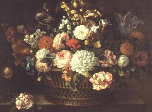 牡丹、郁金香、水仙花和其他花放在一个篮子里 作者 Jean Baptiste (attr. To) Monnoyer
