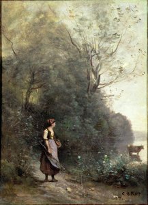 农民妇女在森林的边缘吃草一头母牛，c.1865-70 作者 让·巴蒂斯特·卡米尔·科罗