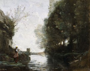 约有方塔和农夫的河流，约1865年至70年 作者 让·巴蒂斯特·卡米尔·科罗