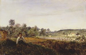 坐在阿夫雷市Etang de Ville景观中的年轻帕特雷，约1870年（布面油画 作者 让·巴蒂斯特·卡米尔·科罗