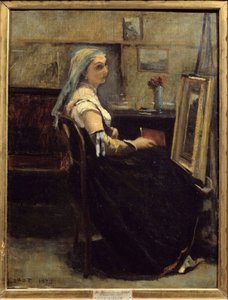 画架前的工作室或女人 卡米尔·柯罗 (Camille Corot) (1796-1875) 1870 年的绘画。 0.63x0.48 m 里昂，美术博物馆 作者 让·巴蒂斯特·卡米尔·科罗