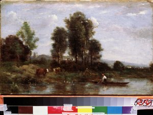"Paysage a la riviere"（有河的风景） Peinture de Camille Corot (1796-1875) 19eme siecle 远东艺术博物馆，俄罗斯，哈巴罗夫斯克 作者 让·巴蒂斯特·卡米尔·科罗