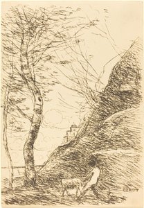 与山羊搏斗的牧羊人 (Berger luttant avec sa chevre) 作者 Jean Baptiste Camille Corot