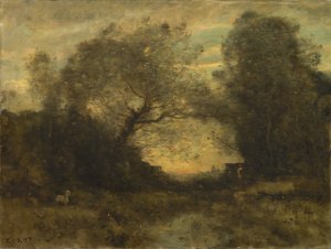 树林入口处的池塘，约1860-75年 作者 Jean Baptiste Camille Corot