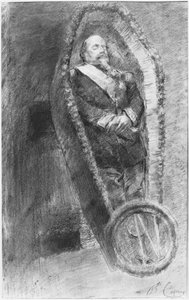 1873年1月13日，在英国Chislehurst教堂举行的葬礼上，拿破仑三世皇帝在他的棺材里庆祝（木炭和白色粉笔） 作者 让·巴蒂斯特·卡尔佩