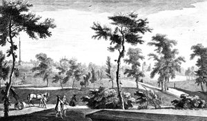 从希腊神庙到科巴姆勋爵的柱子，Stowe House Gardens，由George Bickham雕刻，1753年