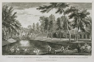 1753年在斯托的阿尔德格罗夫（Alder Grove）的蛇形河（Serpentine River）石窟景观，由乔治·比克汉姆（George Bickham）雕刻而成