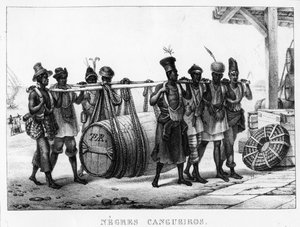 Black Cangueiros"--黑波特酒携带的酒桶，由Thierry Freres（fl.1827-45）雕刻，1835年。 作者 让·巴蒂斯特·德布雷特