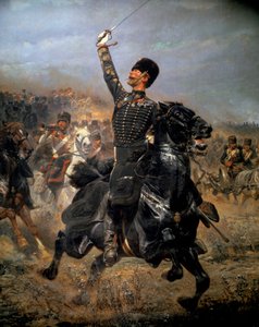 在电池中，骑兵冲锋（1870）。 爱德华·德莱勒 (1848-1912) 的绘画